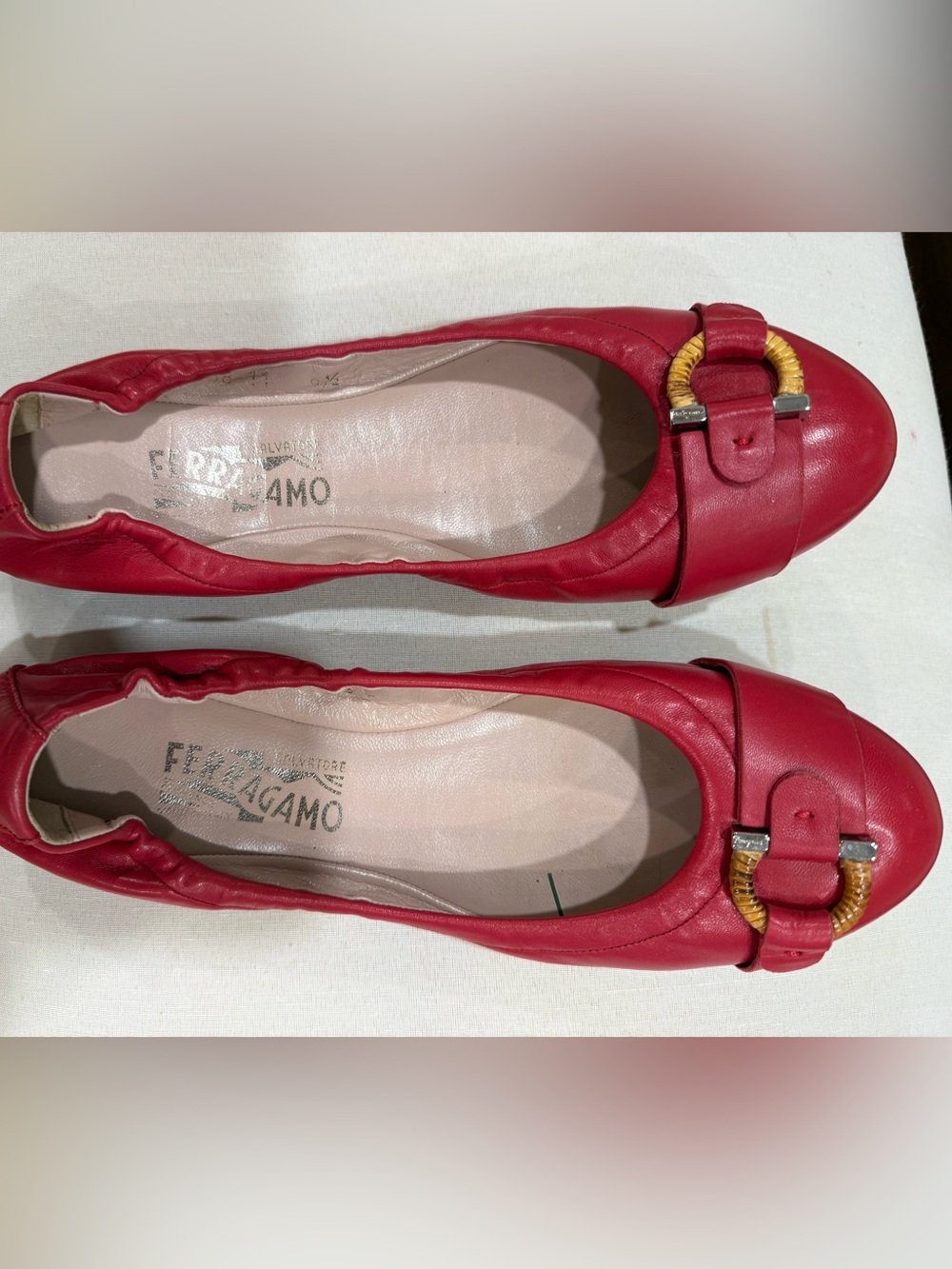 Salvatore Ferragamo Red Leather Ballet Flats with Gold Accent
